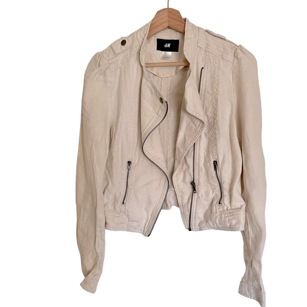 H&M Tan Canvas Moto Motorcycle Linen Jacket 8